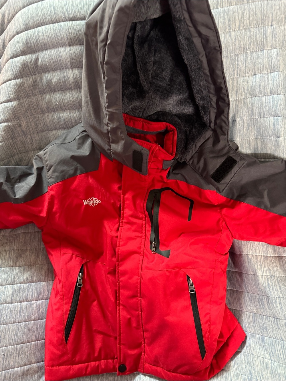 Kids' Red and Gray Winter Puffer Jacket with Hood - Wanito